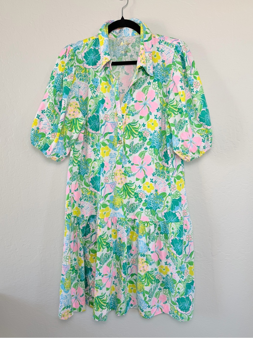 Lilly Pulitzer Bingley Mini Collared Dress Hawaii Destination Pink Green Size L